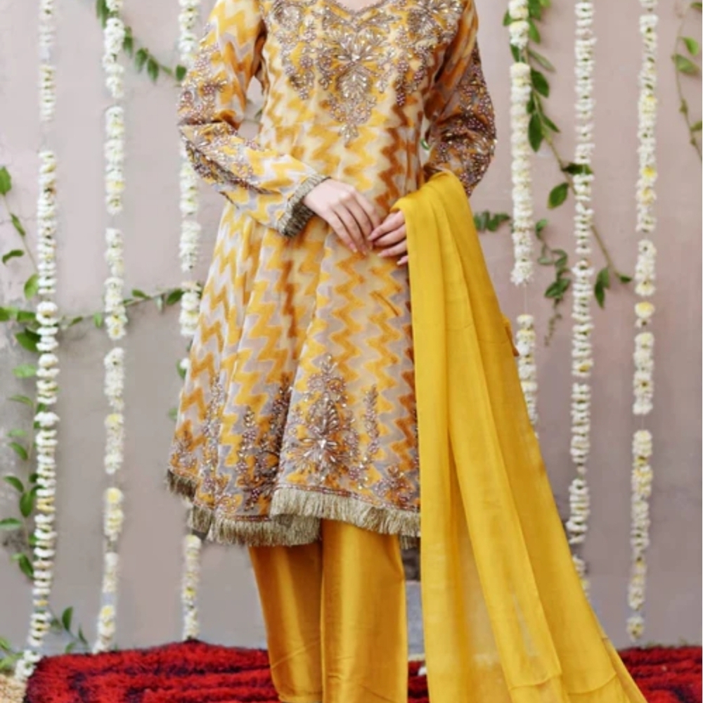 Salwar Kameez Yellow and Gold Embroidered Kurta By Sara Jahan